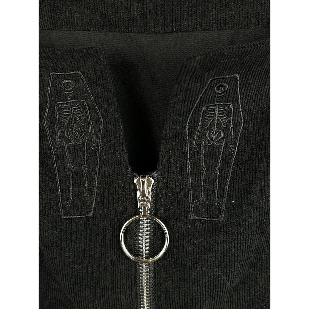 Disturbia Black Zip Corduroy Coffin Embroidered mini Dress Size 12 Bonus Top - Picture 6 of 15
